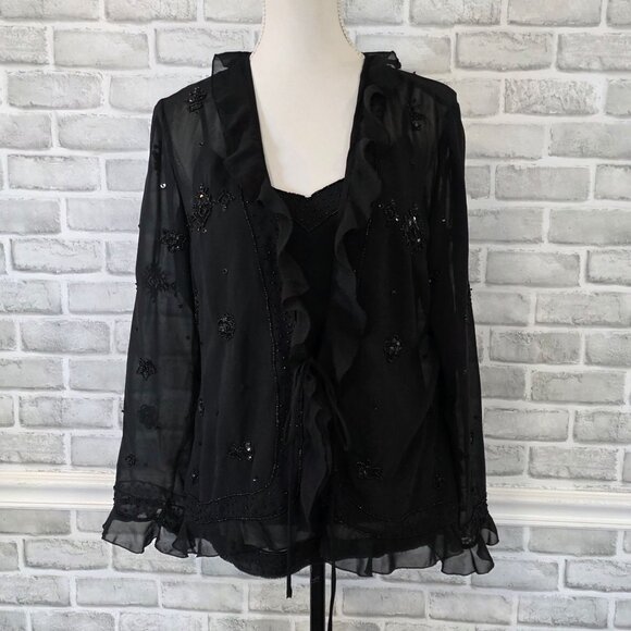 Coldwater Creek Black Beaded Sheer Chiffon Cardigan Cami Set 14 Party Evening - Picture 8 of 8